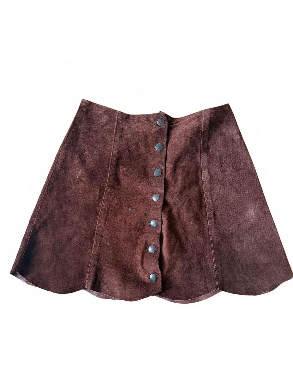 Boho Brown Suede Leather Button-Front A-Line Mini Skirt Size 36